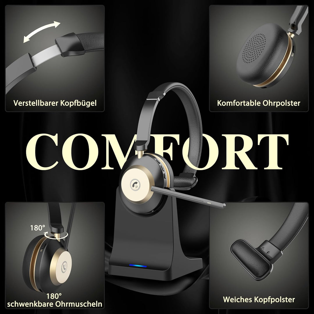 V5.3 Bluetooth-Headset mit Mikrofon für PC, Kabelloses Headset mit Mikrofon Rauschunterdrückung &amp; US