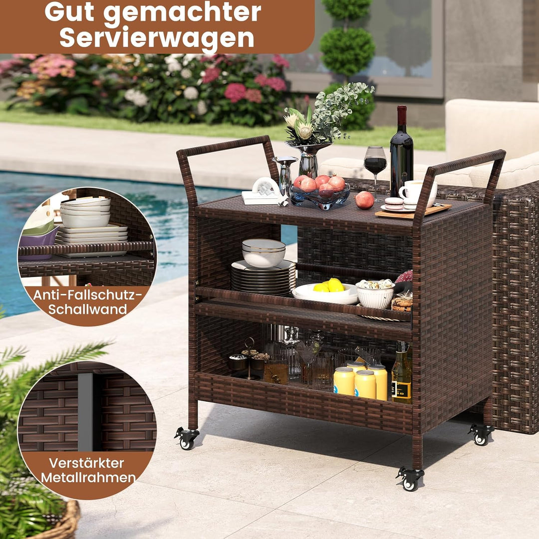 COSTWAY Servierwagen Rattan, Küchenwagen mit 3 Ablagen & Rollen & Seitengriffen, Grillwagen Grilltis