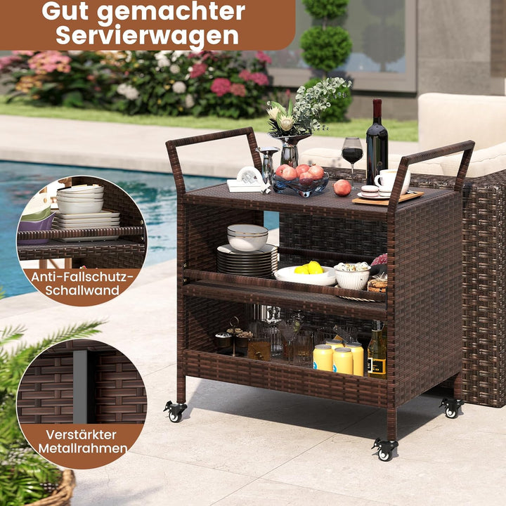 COSTWAY Servierwagen Rattan, Küchenwagen mit 3 Ablagen & Rollen & Seitengriffen, Grillwagen Grilltis