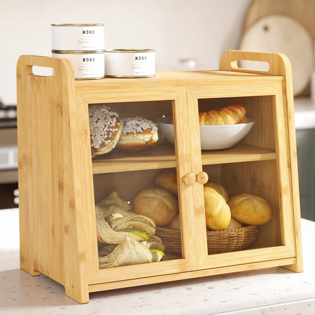 AMBIRD Bambus Brotkasten 20L - Grosse Kapazität mit klaren Acryl-Türen - Doppelschichtige Brot-Lager
