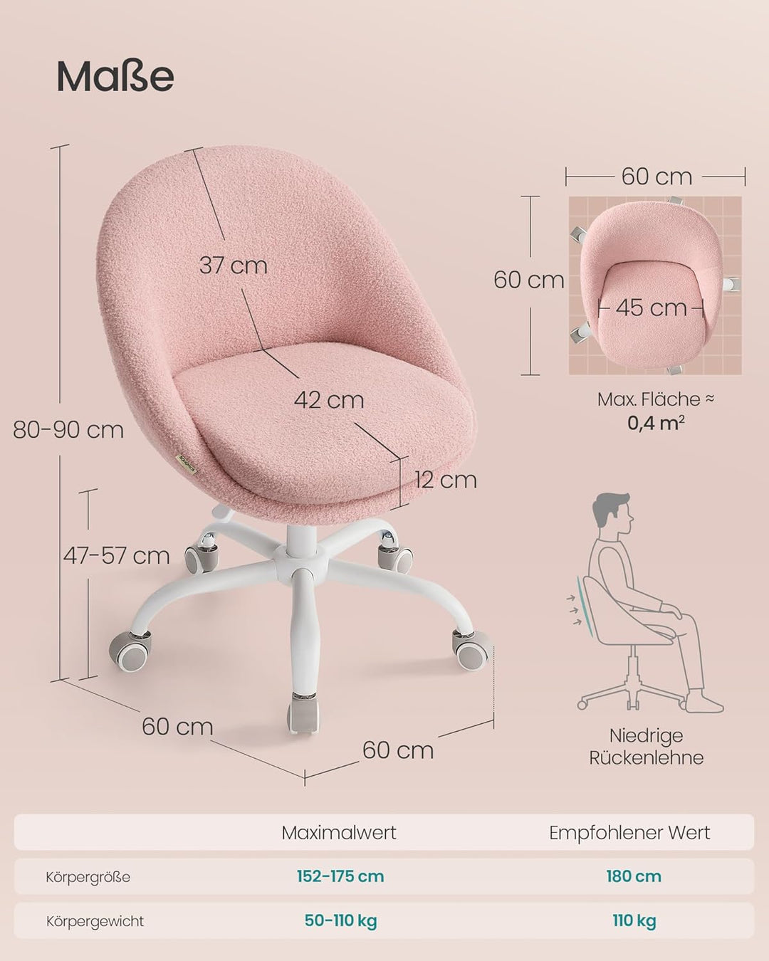 SONGMICS Homeoffice-Stuhl, Schminkstuhl aus Fleece, Schreibtischstuhl, Schaumstoffpolsterung, höhenv