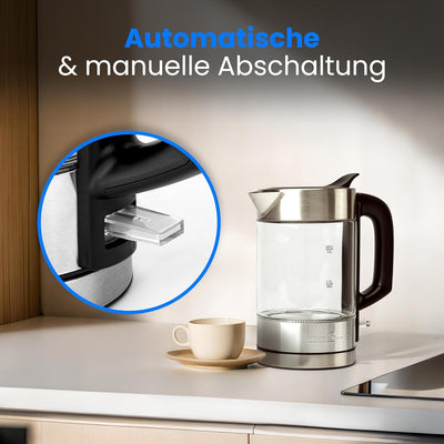 ProfiCook Wasserkocher Glas Edelstahl mit LED Beleuchtung 1 Liter, hitzebeständiger Glaswasserkocher