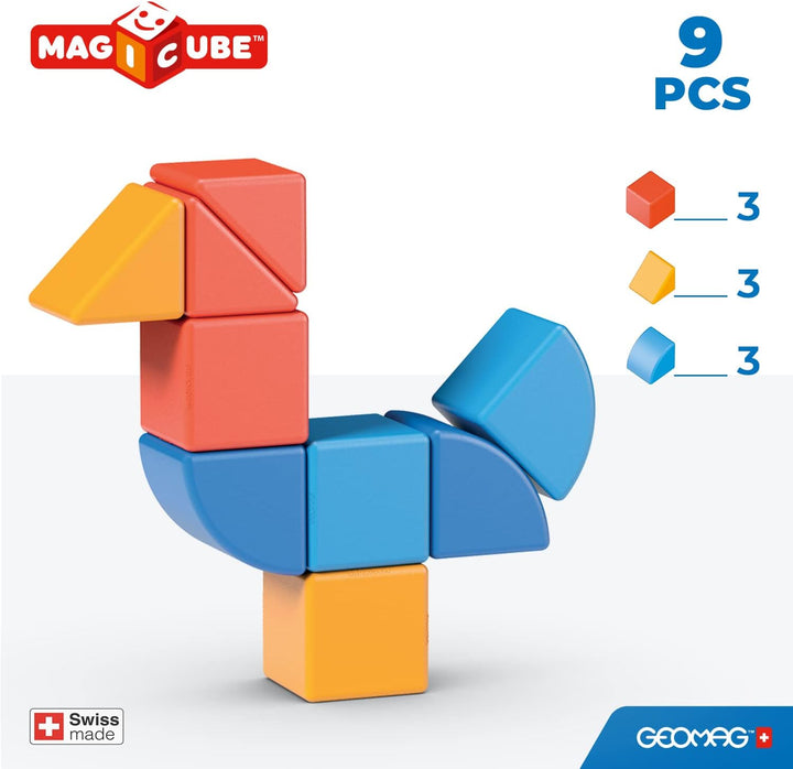 GEOMAG - MAGICUBE - 9 Magnetische Bausteine Rot/Orange/Blau - Pädagogisches Spielzeug Für Kinder Ab