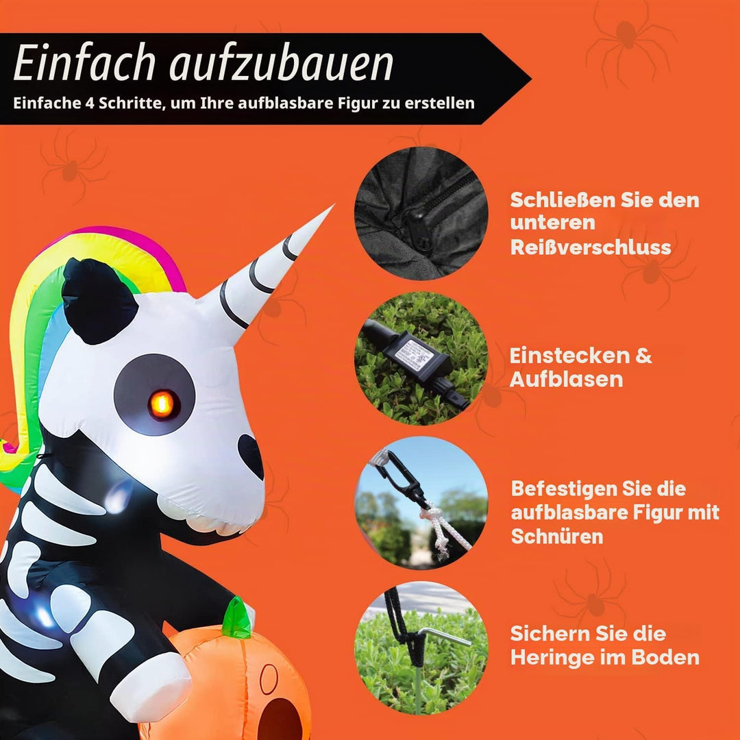 Joiedomi Aufblasbares Halloween-Skelett-Einhorn, 152 cm, aufblasbar, mit eingebauten LEDs, aufblasba