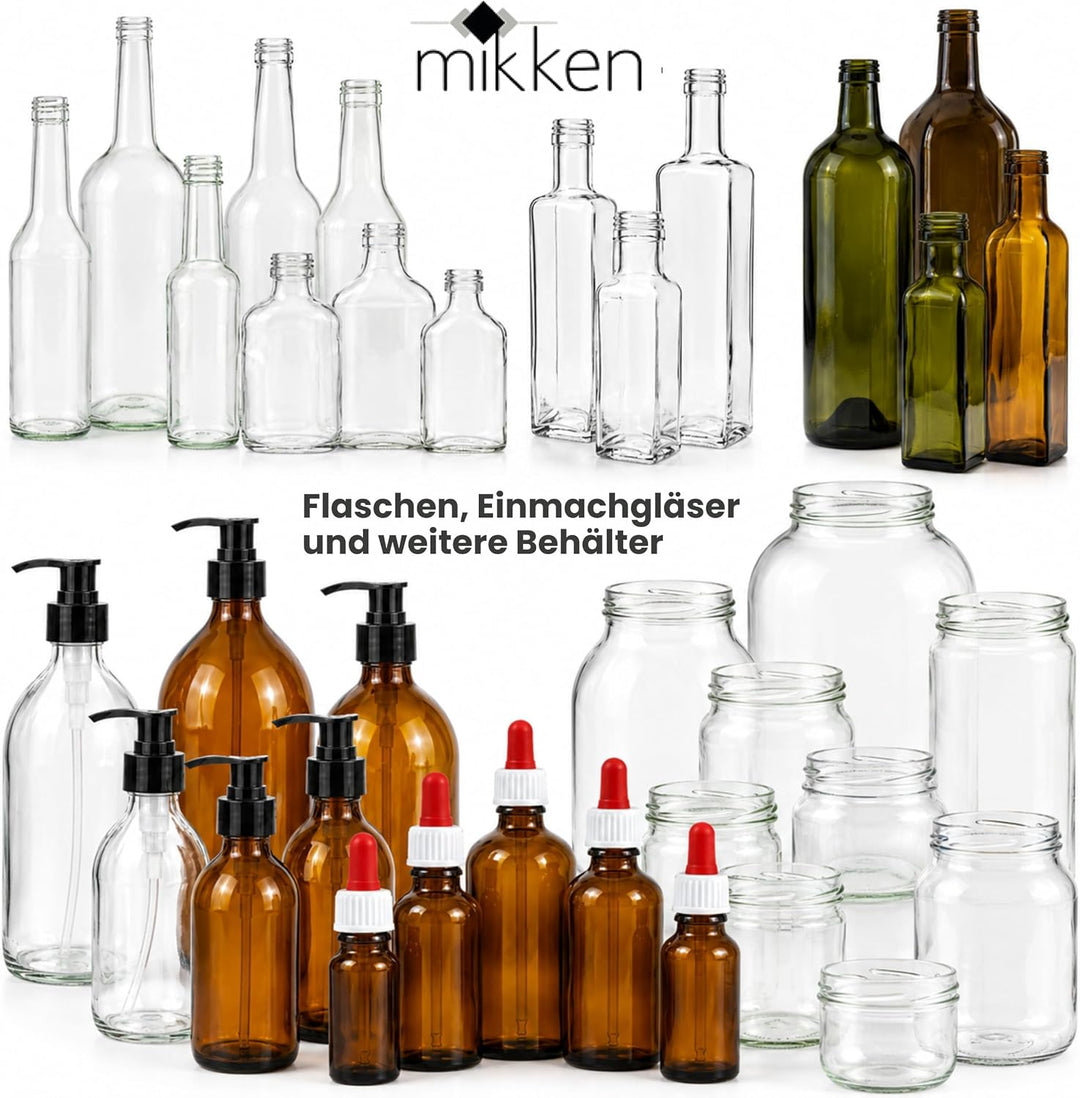 mikken 12 x Glasflasche 500 ml, Flasche mit Schraubverschluss gold inkl. Trichter