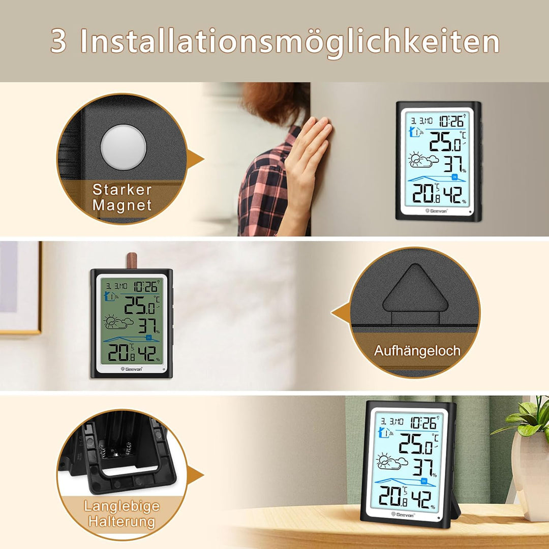 Geevon Wetterstation Funk mit Aussensensor, DCF Digital Wettervorhersage, Innen/Aussen Temperatur Hy