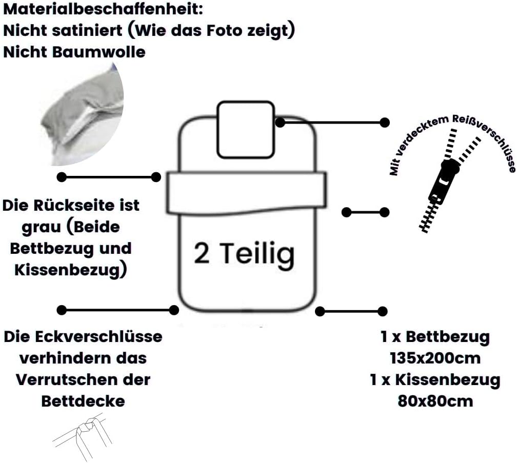 Luowei Bettwäsche 135x200 2teilig Marmor Grau mit 80x80 Reissverschluss Kissenbezug, Kinder, Erwachs
