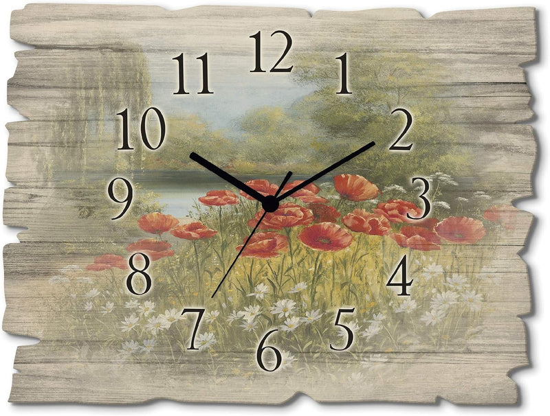 ARTLAND Wanduhr ohne Tickgeräusche aus Holz Funkuhr 40x30 cm Rechteckig Lautlos Blumen Wiese Natur M