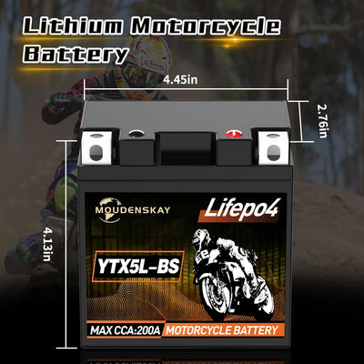 MOUDENSKAY Lithium Motorrad Batterie 12V Lithium Powersports Batterie mit BMS (YTX5L-BS 12.8V 2Ah 20