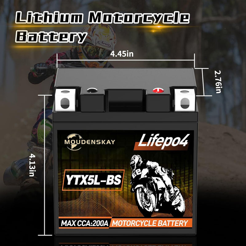 MOUDENSKAY Lithium Motorrad Batterie 12V Lithium Powersports Batterie mit BMS (YTX5L-BS 12.8V 2Ah 20