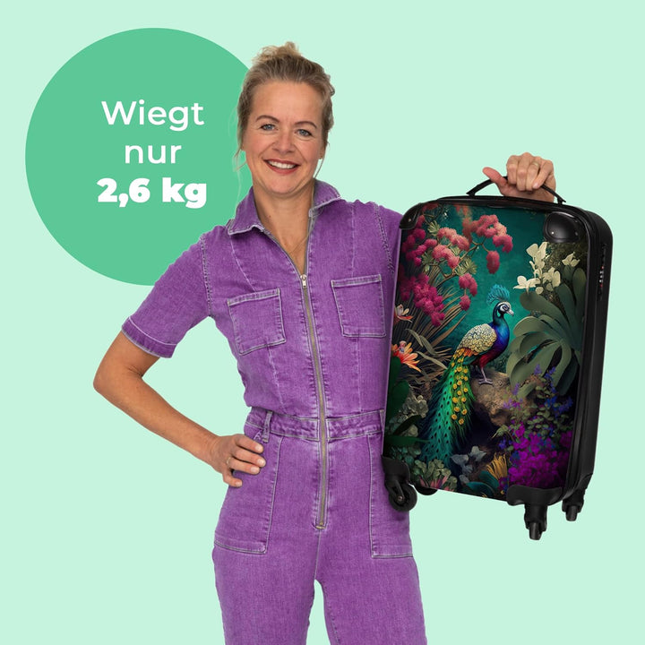 NoBoringSuitcases.com® Koffer Handgepäck Trolley Rollkoffer Kleine Reisekoffer mit 4 Rollen - Pfau -