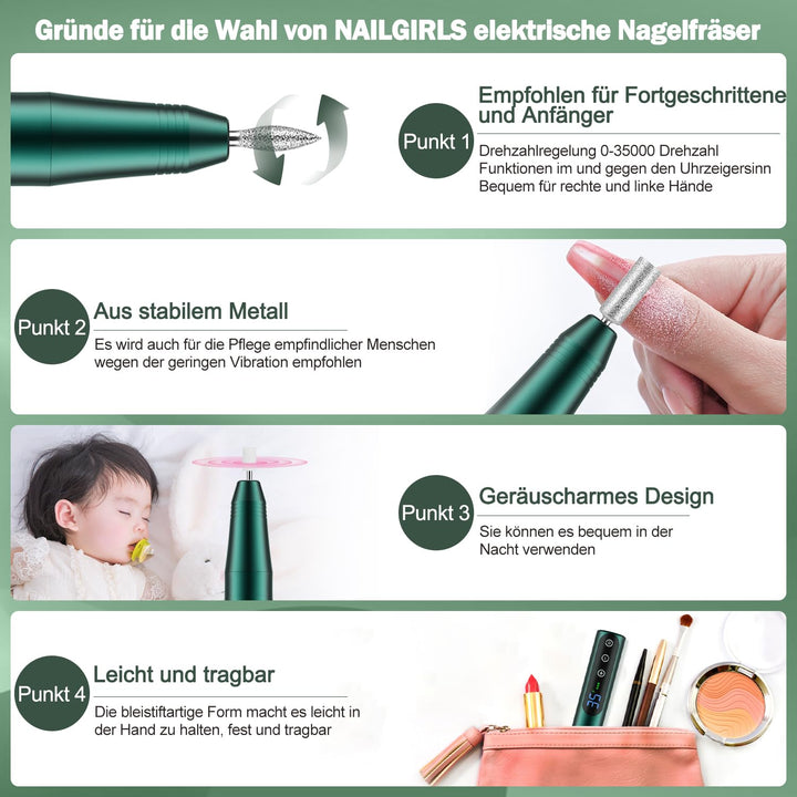 Nagelfräser Set Elektrisch,NAILGIRLS 11 in 1 Aufladbare Professional Electric Nail Drill Machine,Pro