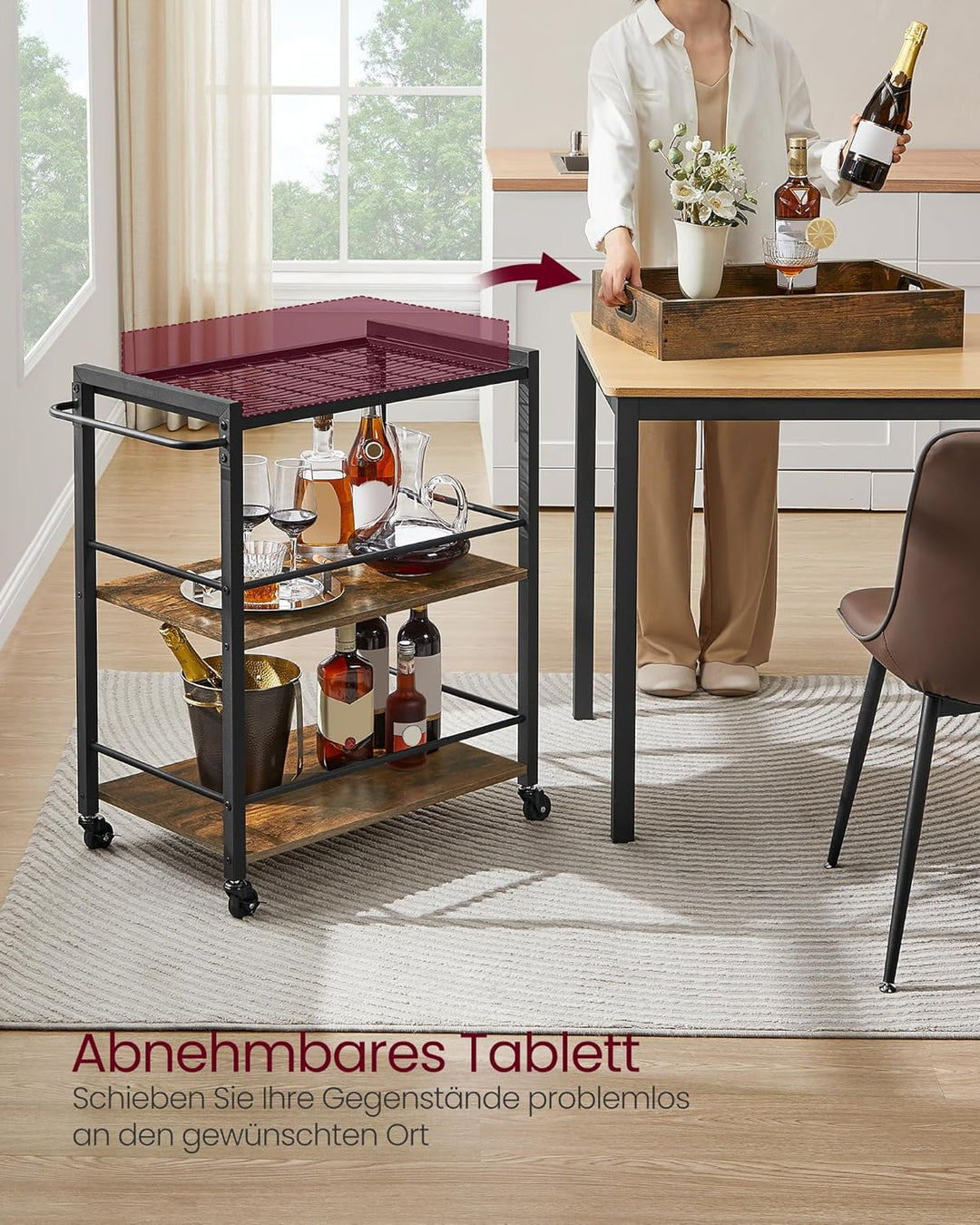 VASAGLE Servierwagen, Küchenwagen, abnehmbares Tablett, mit verstellbaren Füssen und Rollen, Küchenr