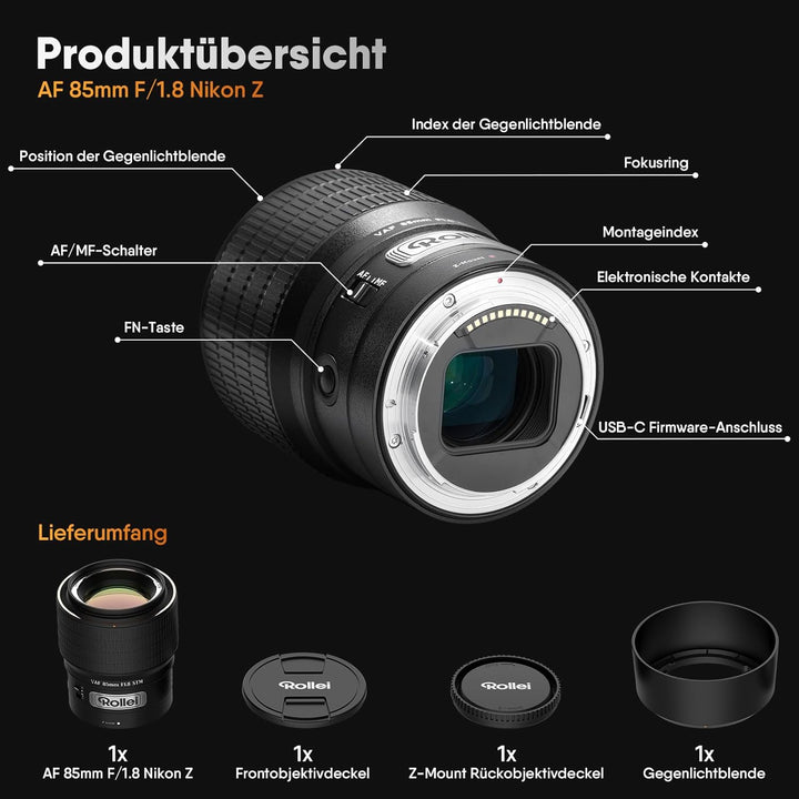 Rollei AF 85 mm F/1.8 Vollformat Objektiv für Nikon Z mit STM-Autofokus | HFT-X Beschichtung | Vollm