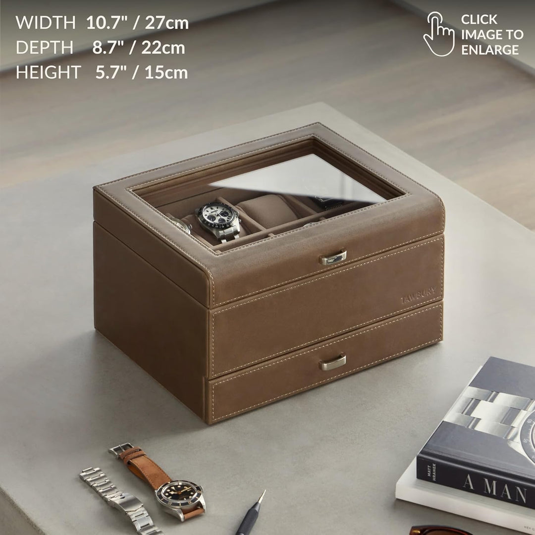 TAWBURY 8-Fach-Uhrenbox mit Aufbewahrungsschublade – Premium-Uhrenaufbewahrungsbox für Herren (Taupe