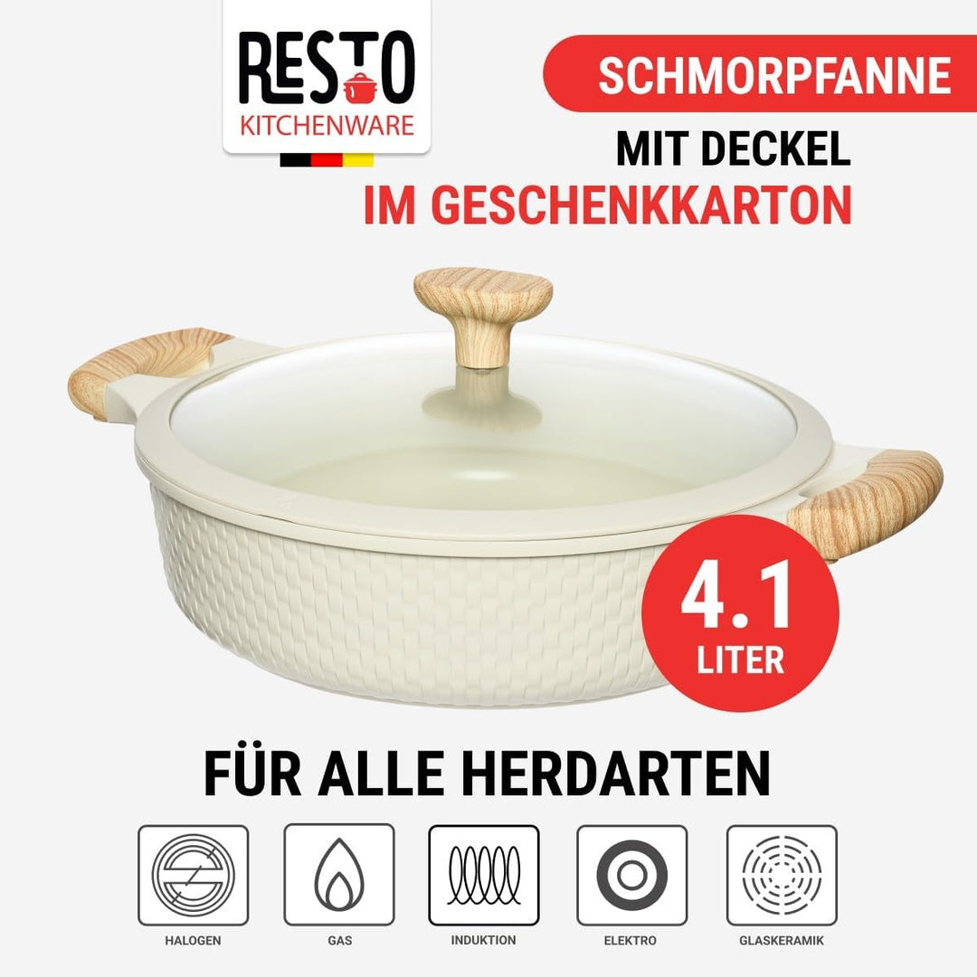 RESTO 93806 Bräter mit Glasdeckel Ø28cm beige 4,1L - stilvoller Schmortopf antihaftbeschichtet, Indu