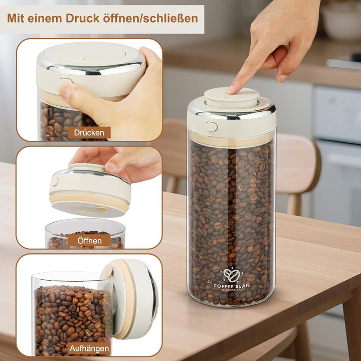 Kaffeedose Luftdicht 500g Bohnen, 1.7L Kaffeebehälter mit Vakuumdeckel, Borosilikatglas Vakuumbehält