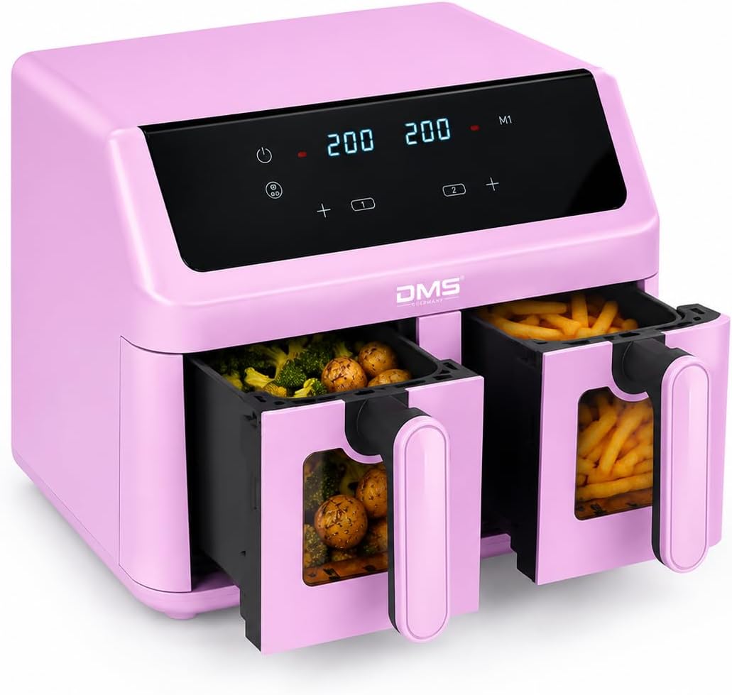 DMS® Doppelkammer Heissluftfritteuse 9L 2000W Air Fryer, Digitales Touch-Display, Dual Zone, 8 Autom