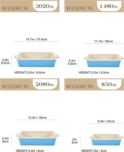 MALACASA, Serie Bake.Bake, 4 teilig Set Auflaufform Set, Ofenform aus Keramik & kratzfest | Backform