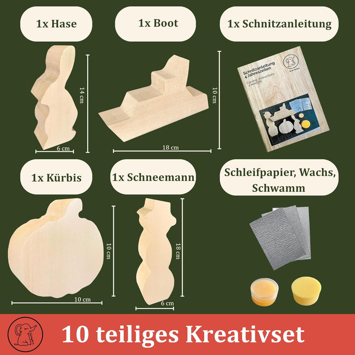 Eli® Lindenholz - Schnitzfiguren zum Schnitzen inkl. Schnitzanleitung für Kinder - Bastelset - Schni