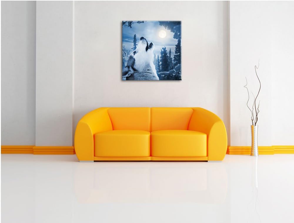 Pixxprint Wolf vor Mondlicht als Leinwandbild/Grösse: 70x70 cm/Wandbild/Kunstdruck/fertig bespannt,