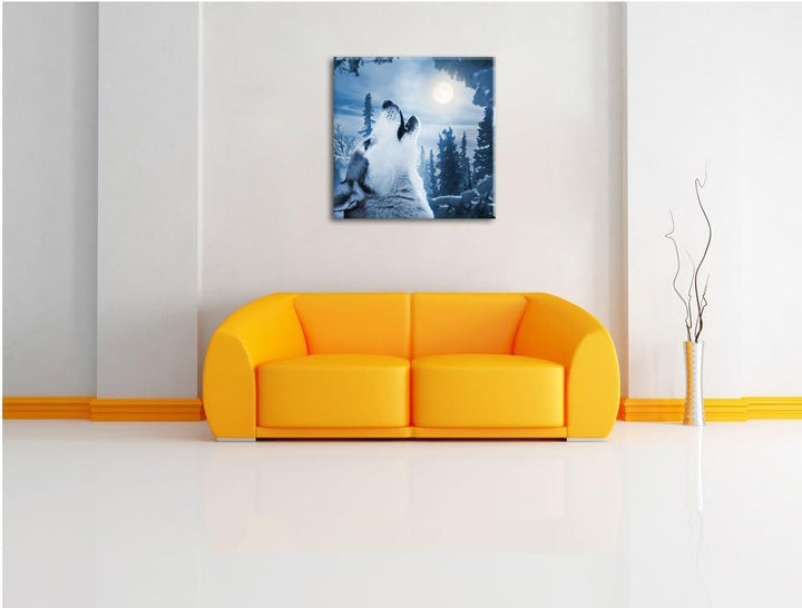 Pixxprint Wolf vor Mondlicht als Leinwandbild/Grösse: 70x70 cm/Wandbild/Kunstdruck/fertig bespannt,