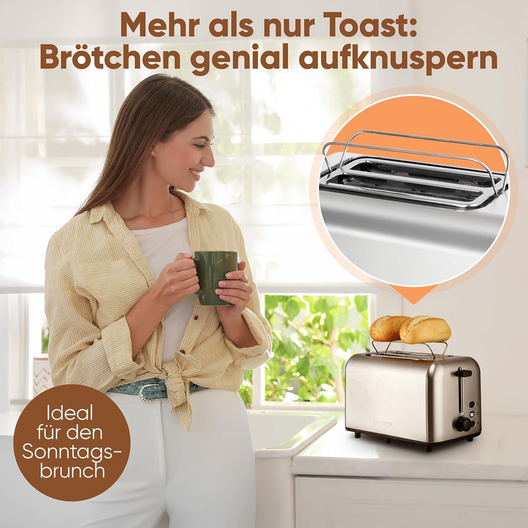 Clatronic® Toaster 2 Scheiben | integrierter Brötchenaufsatz | extra breite Toastschlitze | Auftau-/