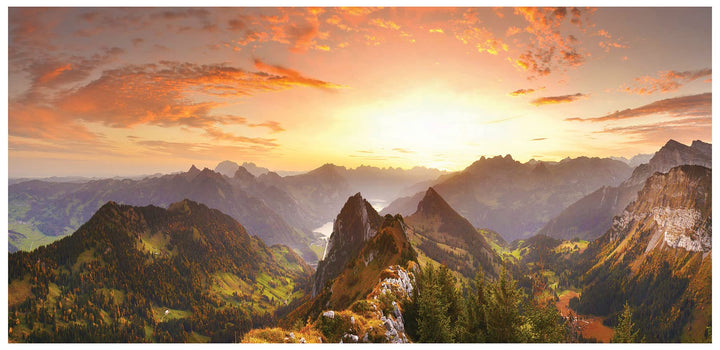 XXL Leinwandbild 115x55cm Berge Sonnenuntergang Bild Berglandschaft Kunstdruck Deko Wanddeko Variant