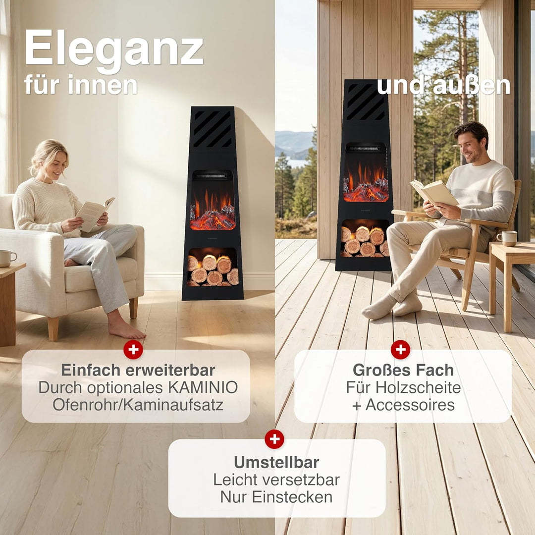 KAMINIO Elektrischer Gartenkamin Kai - Elektro Terrassenofen mit Heizung, 3D-Flammeneffekt, Holzfach