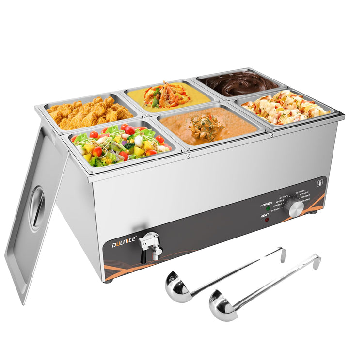 DULNICE Bain Marie Speisewärmer Elektrische Edelstahl 1500W 6 GN-Behältern Wasserbad mit Ablaufhahn,