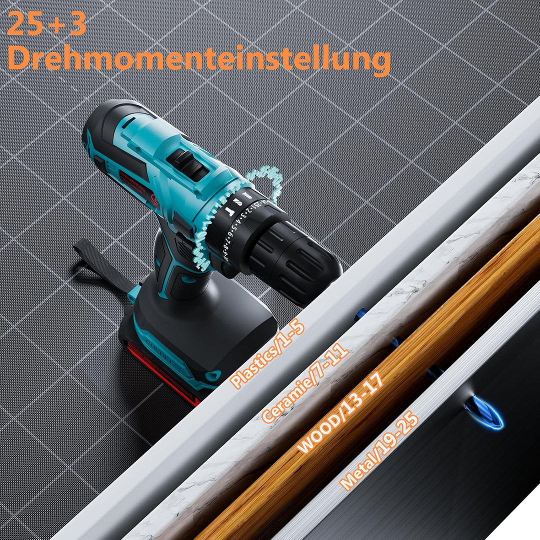 Akkuschrauber, 21V Akku Bohrschrauber Set mit Akku 2000mAh 45Nm Drehmoment Max 25+3 Drehmomentstufen