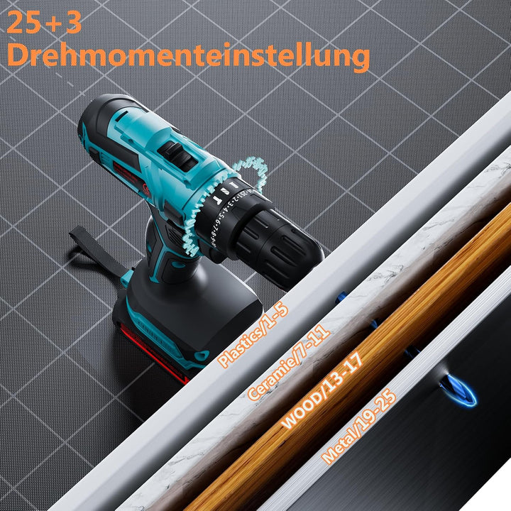 Akkuschrauber, 21V Akku Bohrschrauber Set mit Akku 2000mAh 45Nm Drehmoment Max 25+3 Drehmomentstufen