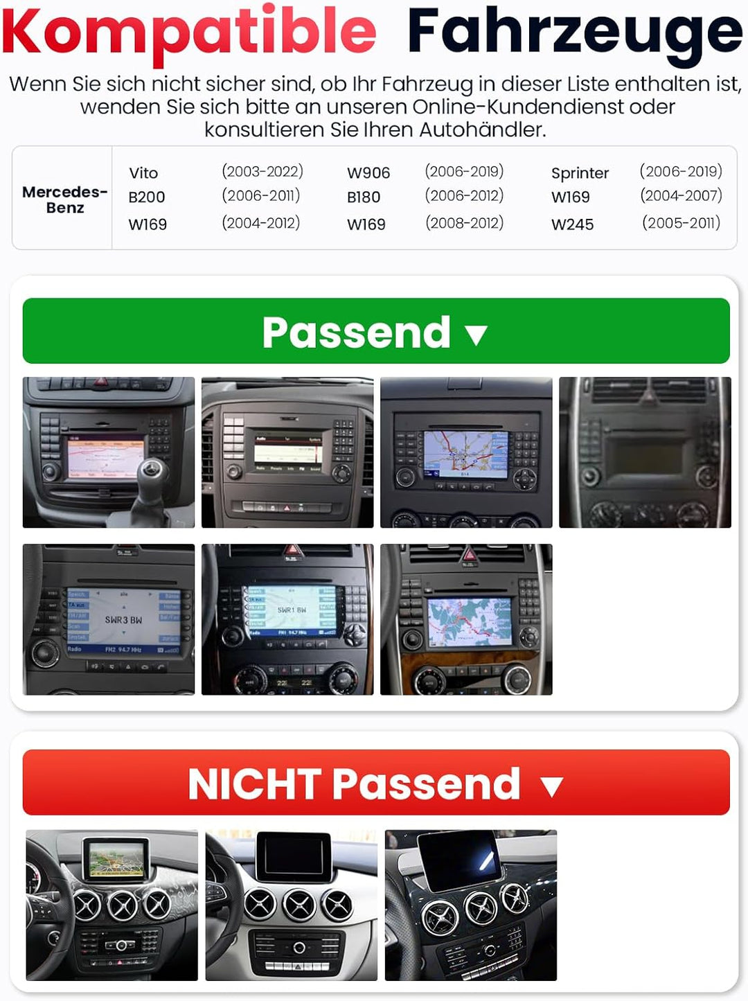 Doppel DIN Autoradio mit Bildschirm für Mercedes-Benz Vito W906 W169, Wireless CarPlay & Android Aut