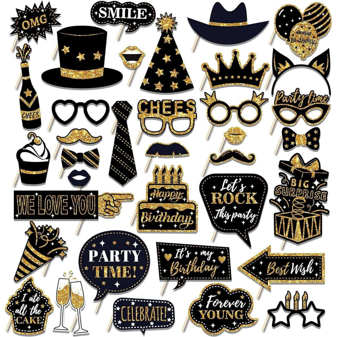 Foto Requisiten,36 Stück Fotobox Accessoires,Foto Verkleidung mit Sticks und Stickern,Schwarzes Gold