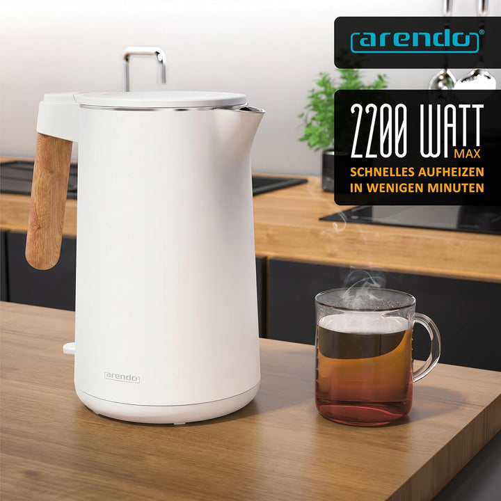 Arendo - Wasserkocher Edelstahl – 1,5 Liter - 2200 Watt – Doppelwand-Design – 360° Controller – BPA-