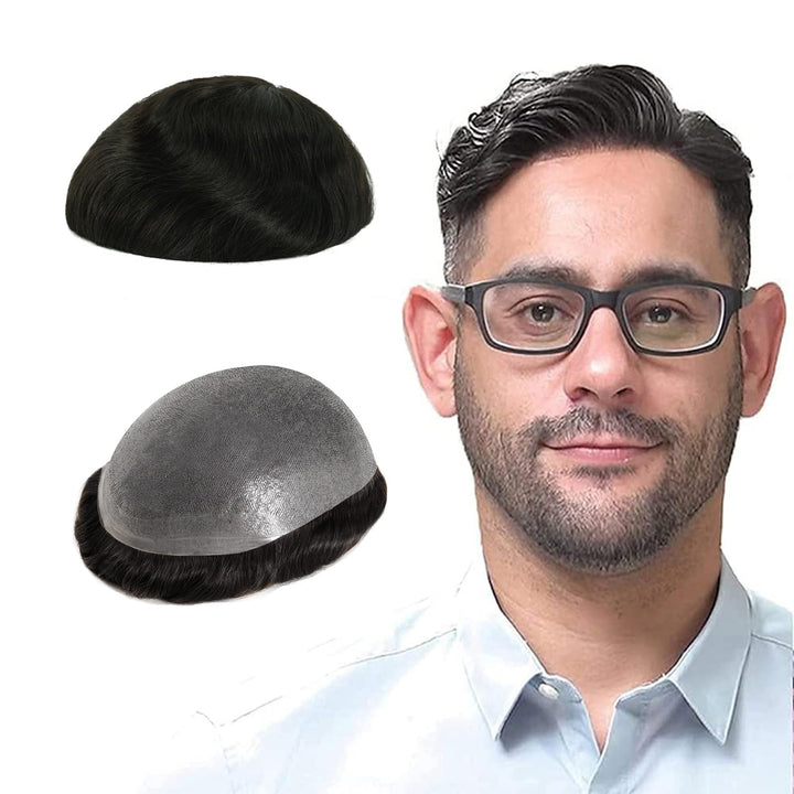 Lordhair Perücke für Herren, Toupet Herren aus natürlichem Echthaar, 0,08 mm vorn, 1/2 Zoll, V-loope
