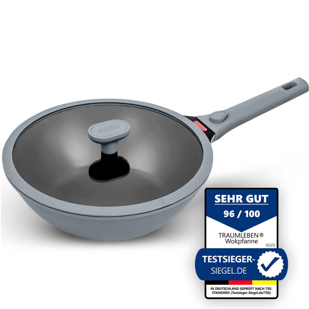 Wokpfanne mit Deckel 28 cm [abnehmbaren Griffe & Antihaftbeschichtung] PFOA-frei, für Induktion geei
