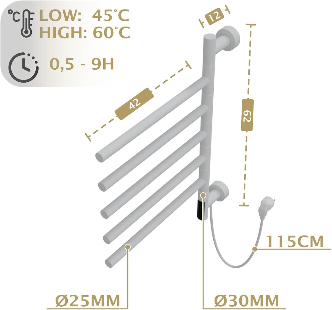 HAGO24 | Elektrischer Handtuchwärmer | Wandmontage | Handtuchtrockner | 5 schwenkbare Arme 180° | To
