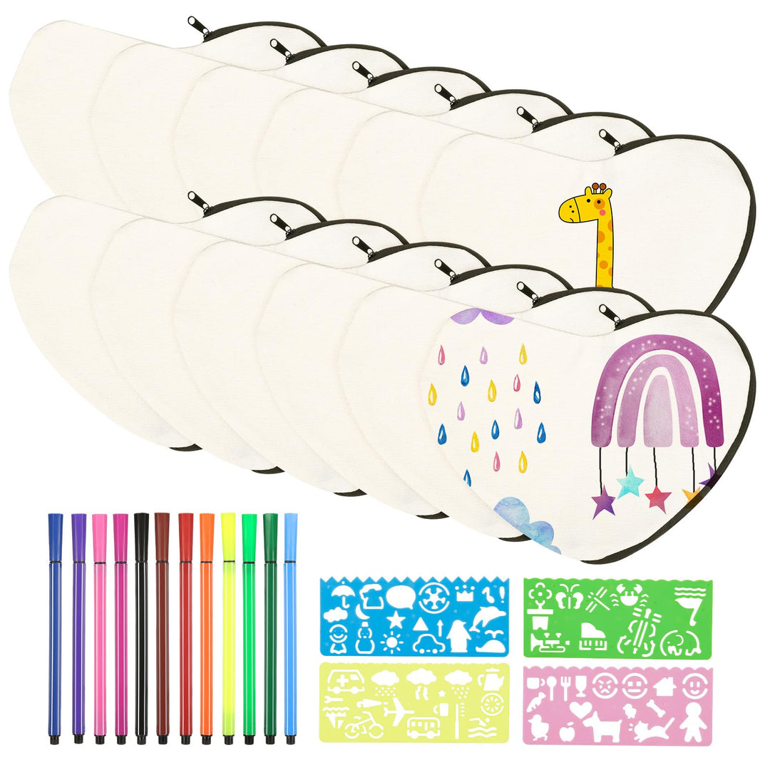 10 Herzförmige Stoffbeutel zum Bemalen, DIY Federmäppchen mit 12 Buntstiften und 4 Malschablonen