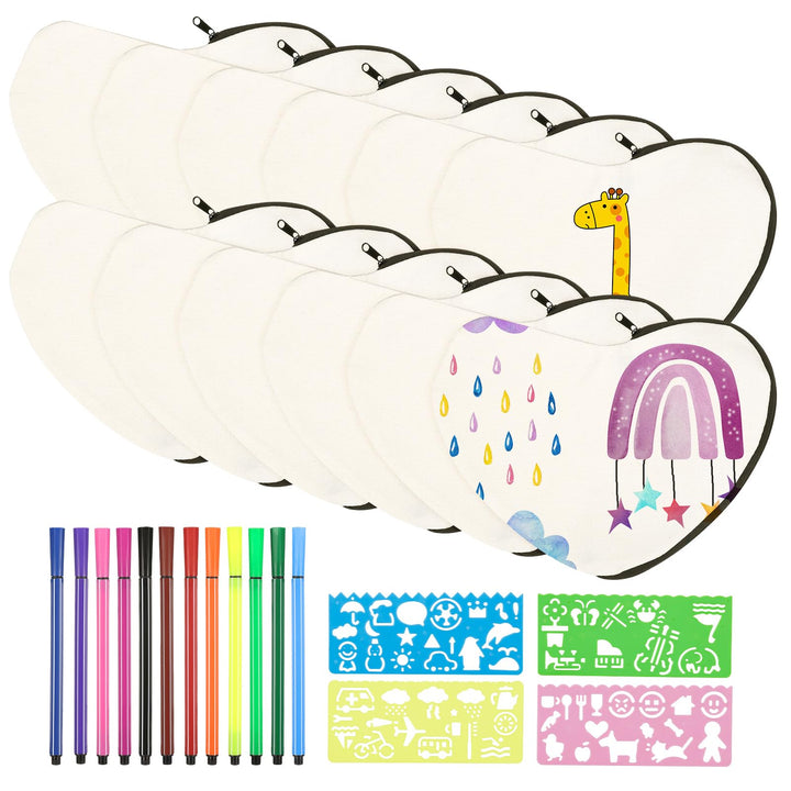 10 Herzförmige Stoffbeutel zum Bemalen, DIY Federmäppchen mit 12 Buntstiften und 4 Malschablonen