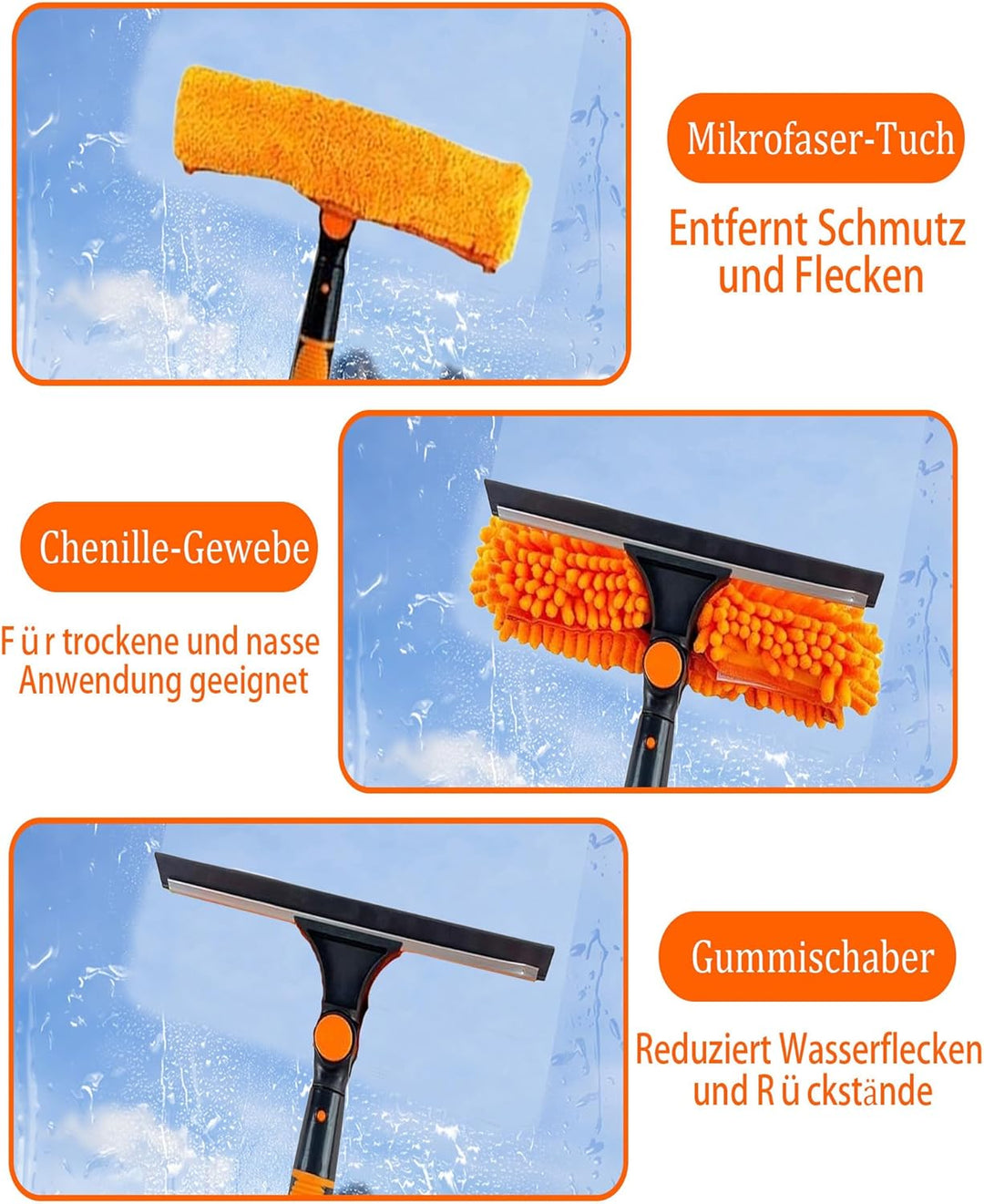 4,5 m Teleskop Fensterreiniger: Fensterwischer 270° drehbarer Kopf (Orange - 2-in-1), Orange - 2-in-