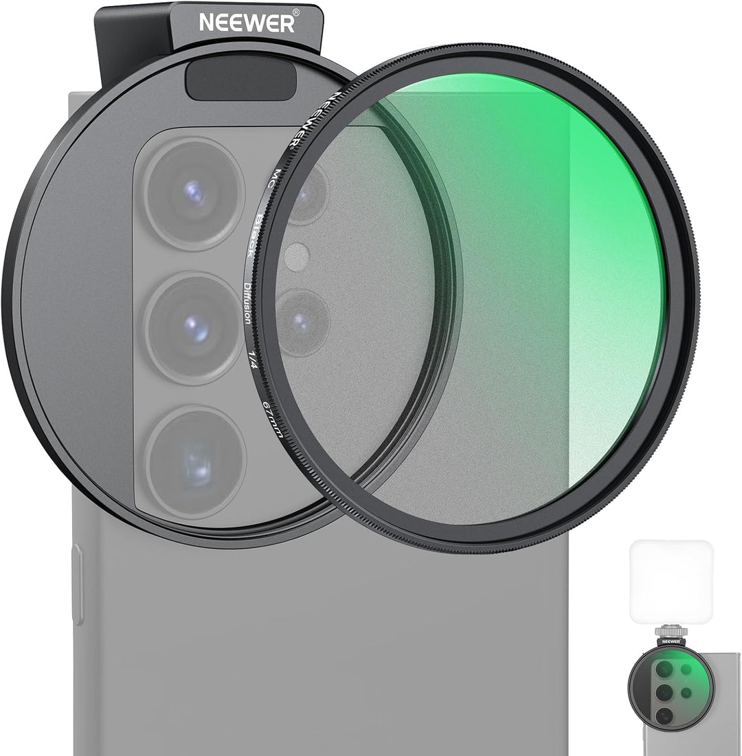 NEEWER 67 mm 1/4 schwarzer Diffusionsfilter & Kaltschuh-Handyclip für Handy, inklusive Tragetasche u