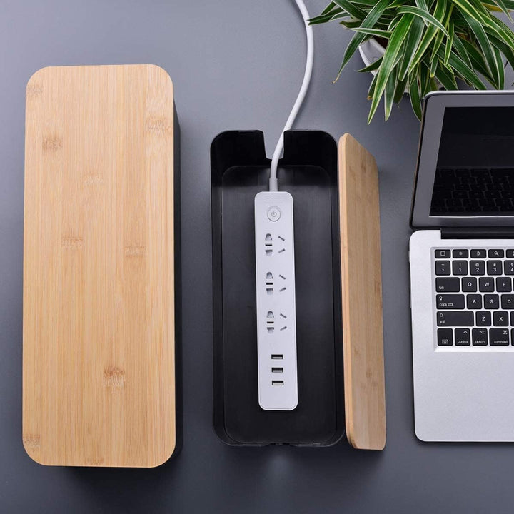 SENENQU 3er-Set Kabelbox Schwarz, Grosse Kabel Organizer Box mit Holzdeckel für Kabel, Grosse und Kl