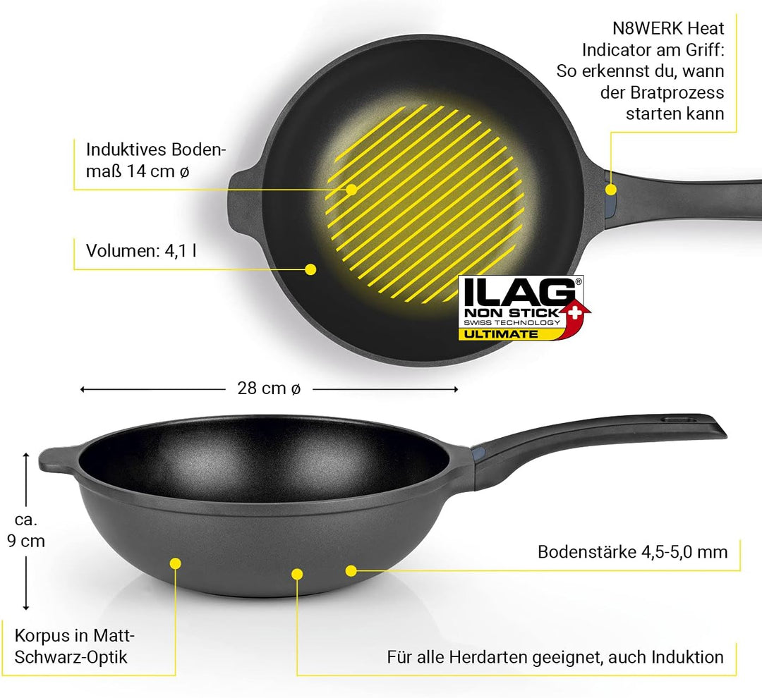 N8WERK Aluguss-Wokpfanne in der Midnight Edition 28 cm | Heat Indicator Farbwechsel-Temperaturanzeig