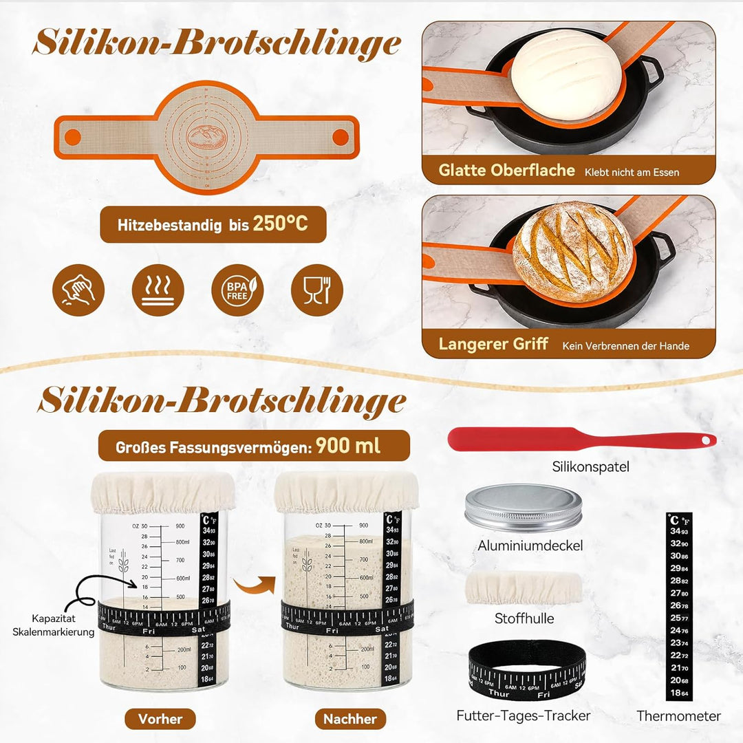 Gärkörbchen Rund + Ovale, Sauerteig Starter Set, 31-teilig Gärkorb Brot, Mit Sauerteig Starterglas,