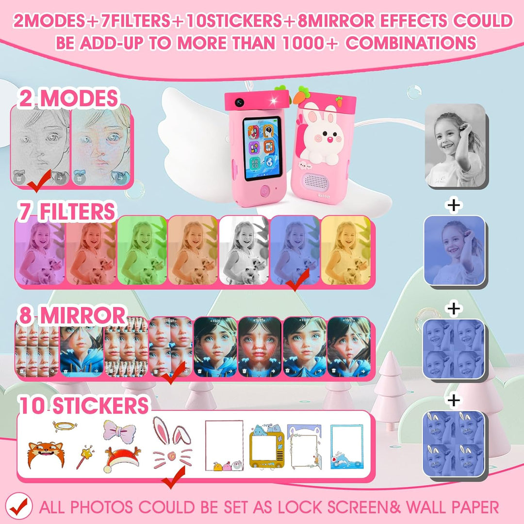 Kinder Handy Smartphone Spielzeug mit 180° Drehobjektiv &32GB Karte, Kinderkamera mit Touchscreen&Si