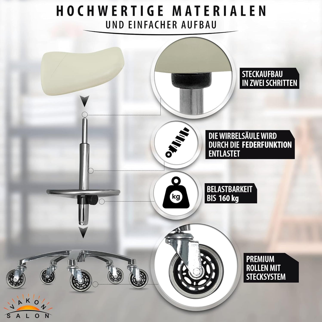 Premium Sattelhocker Weiss, Sattelstuhl für Rückenentlastung, Rollhocker höhenverstellbar von 55-75