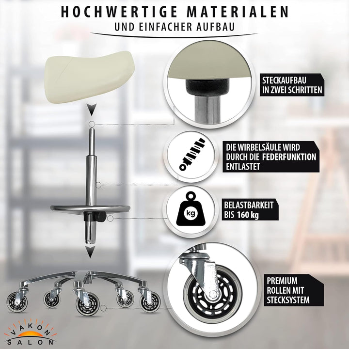 Premium Sattelhocker Weiss, Sattelstuhl für Rückenentlastung, Rollhocker höhenverstellbar von 55-75