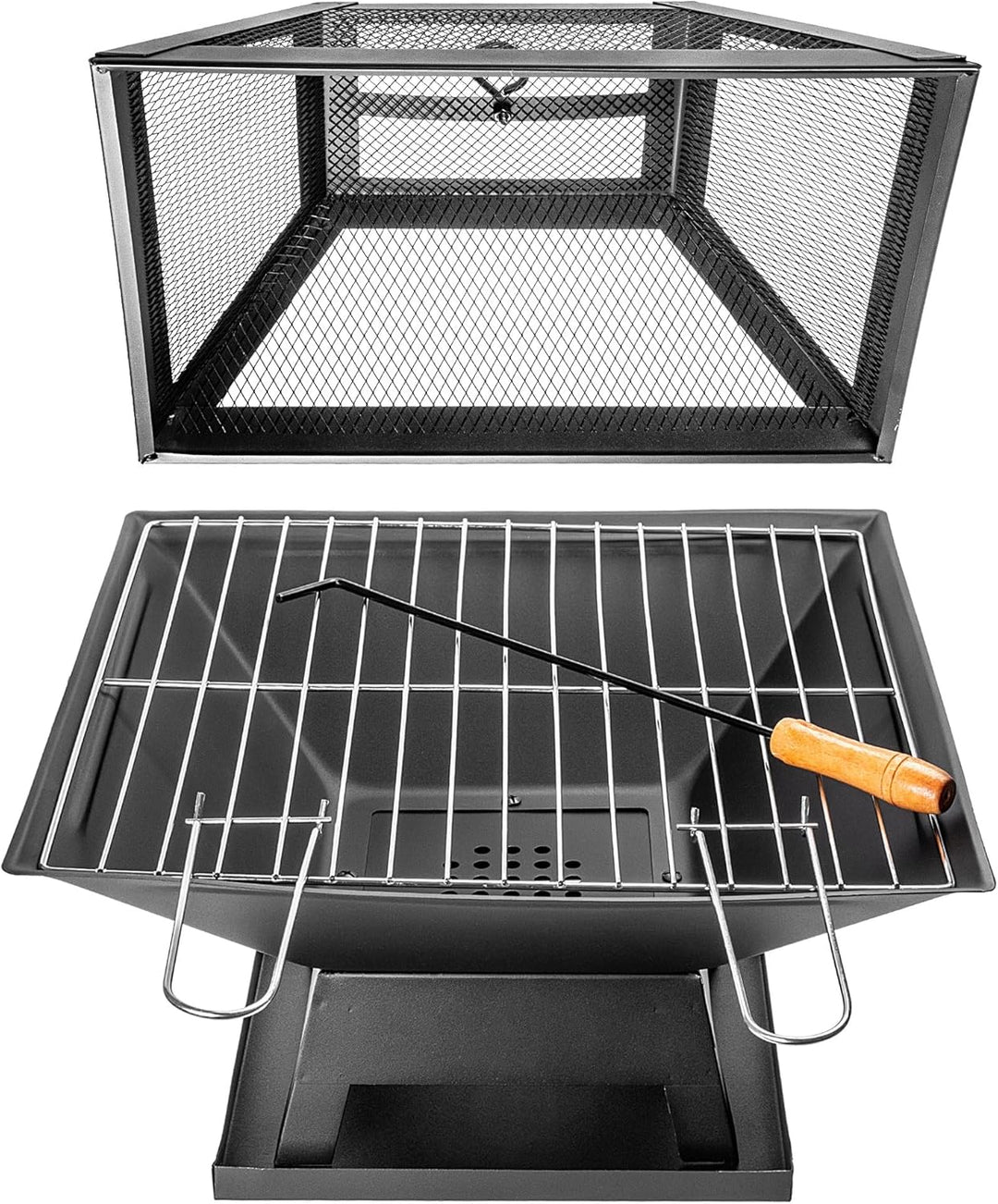 KADAX Feuerschale aus Stahl, 46 x 36 cm, Feuerkorb mit Funkenschutz, Schürhaken und Grillrost, Outdo
