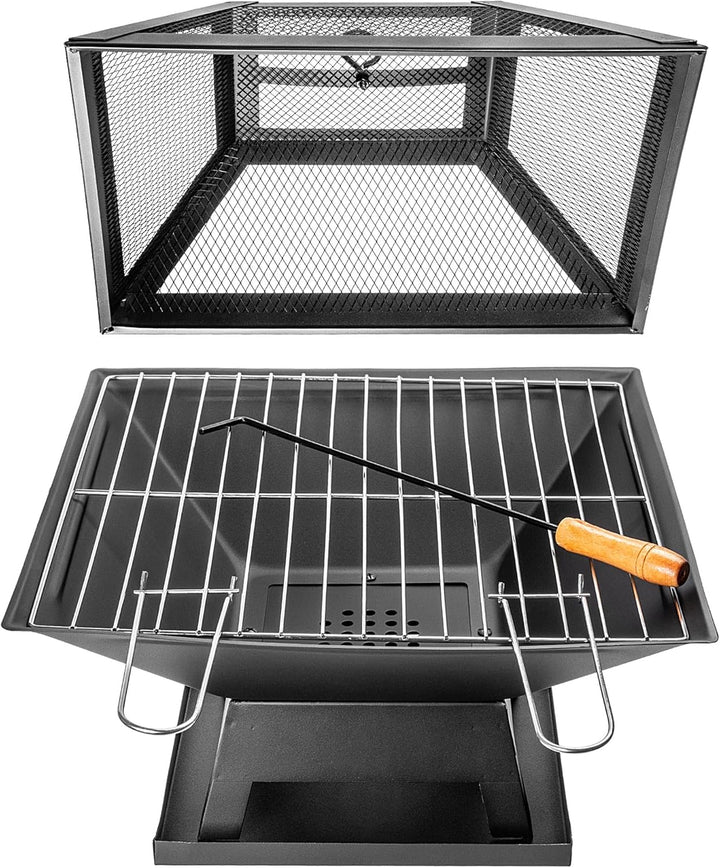 KADAX Feuerschale aus Stahl, 46 x 36 cm, Feuerkorb mit Funkenschutz, Schürhaken und Grillrost, Outdo